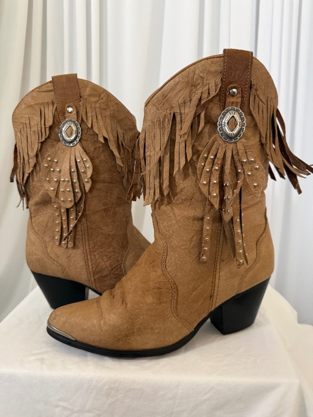 Dingo Tan Leather Fringe Western Cowboy Boots Concho Vintage Size 8M